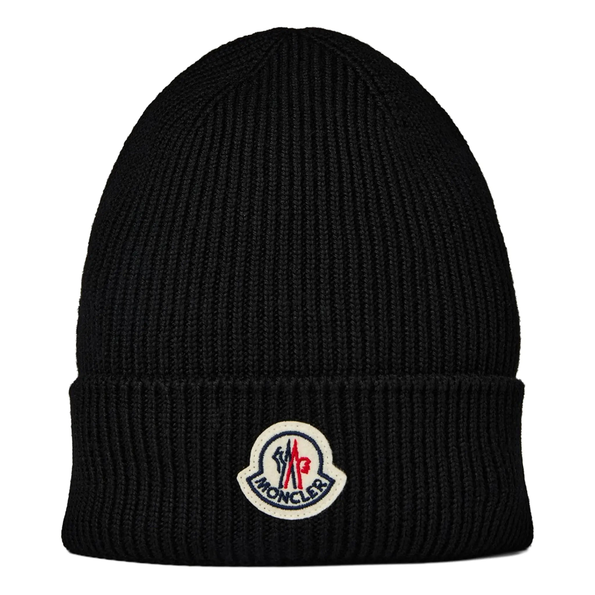 Front View of Moncler Logo Wool Mens Black Beanie K20913B70500A9342